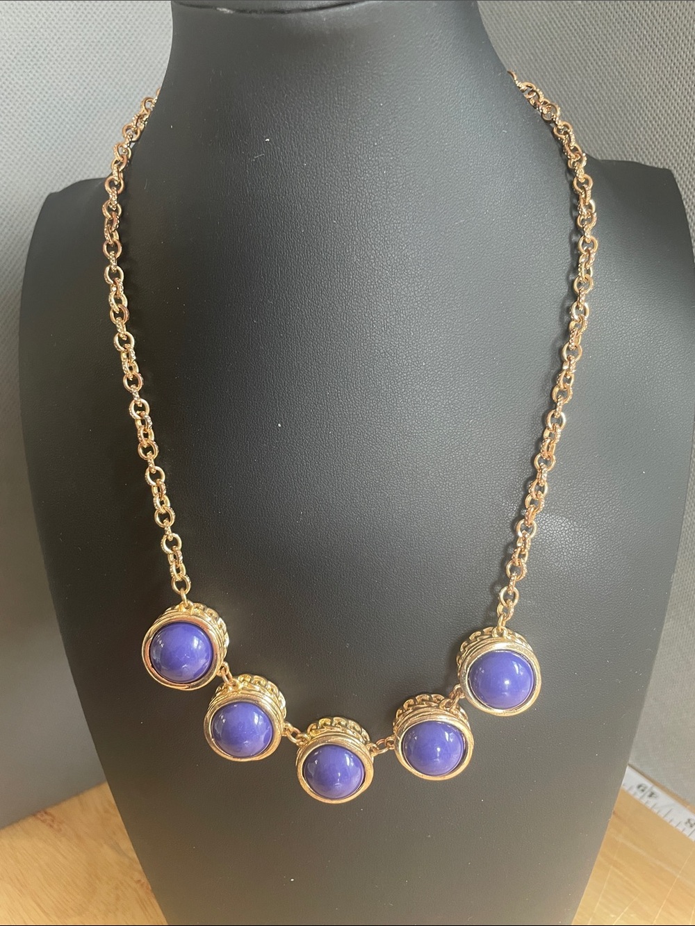 Gold-Tone Necklace with Purple/Blue Cabochon Accents in detailed setting 9” Drop